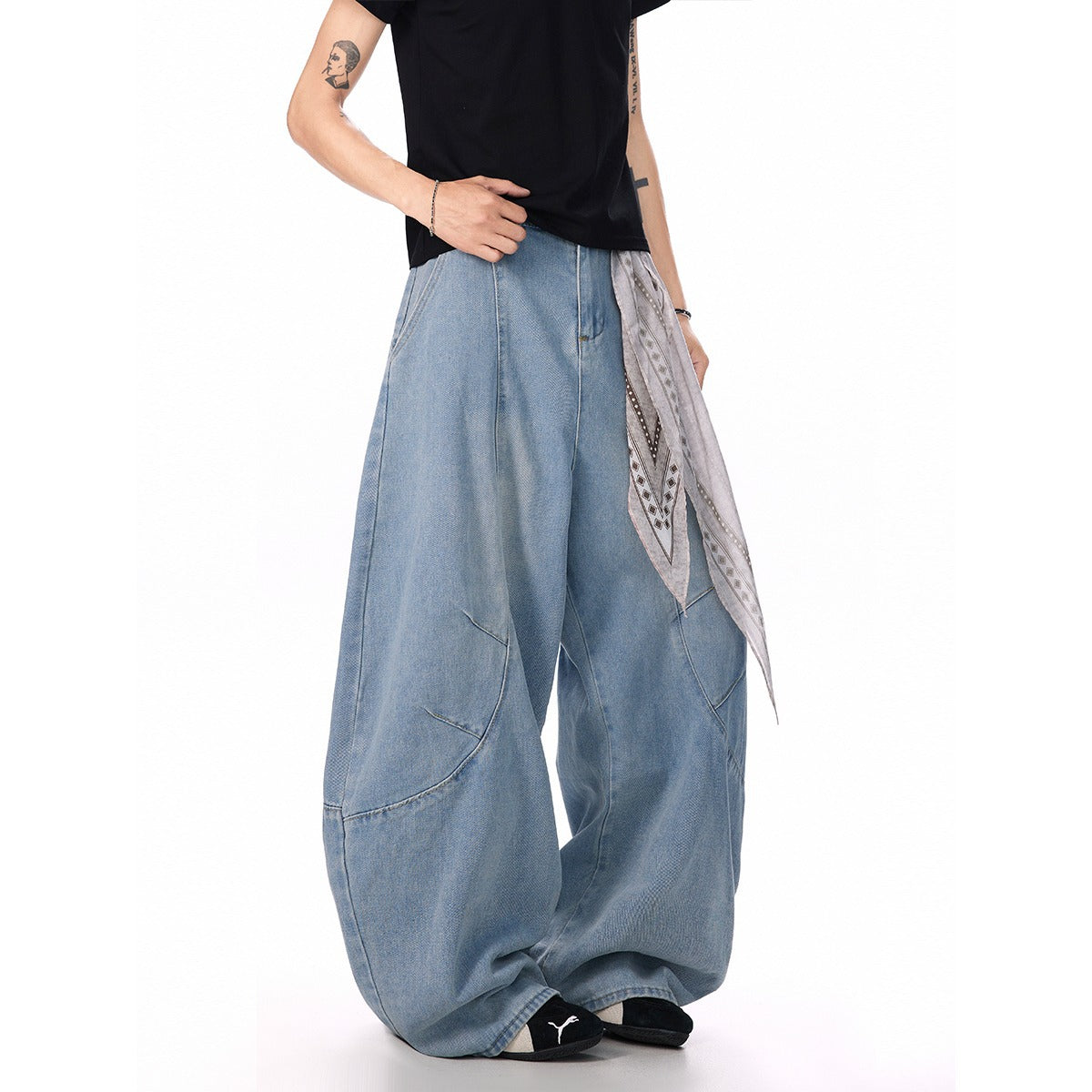 Deconstructed Bandana Wide-Leg Jeans – Unisex Summer Streetwear | Scimitar Cut | Free Shipping | Crypto Payments Accepted