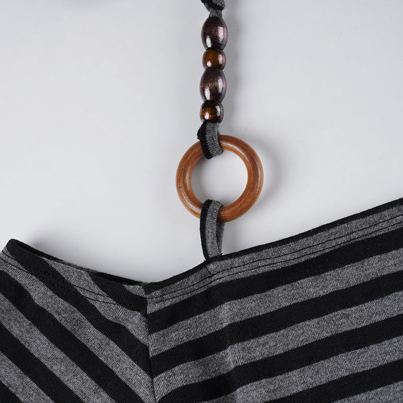 Retro Striped Off-Shoulder Top - Beaded Halter Neck Blouse| Crypto Payments
