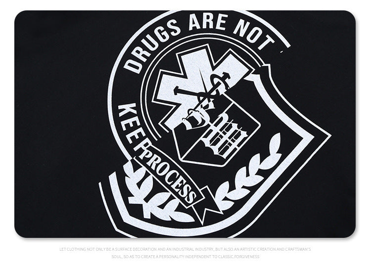 Badge Letter Print Streetwear Tee | Men’s Loose Fit T-Shirt | Black & White | Free Shipping | Crypto Payment