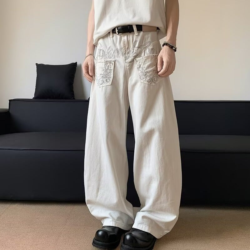 Washed White Scimitar Jeans – Men’s Vintage Reverse Design with Embroidered Pockets | Loose Fit | Free Shipping | Crypto Accepted
