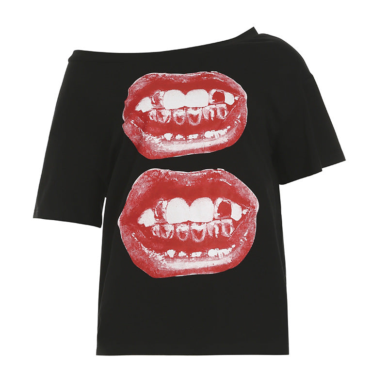 Lips Print Street Tee - Off-Shoulder Oversized Shirt | Free Shipping|Crypto Payments