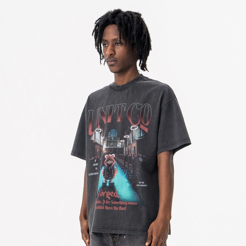 Stage Bear Print Tee - Heavyweight Vintage Washed Cotton Streetwear Top