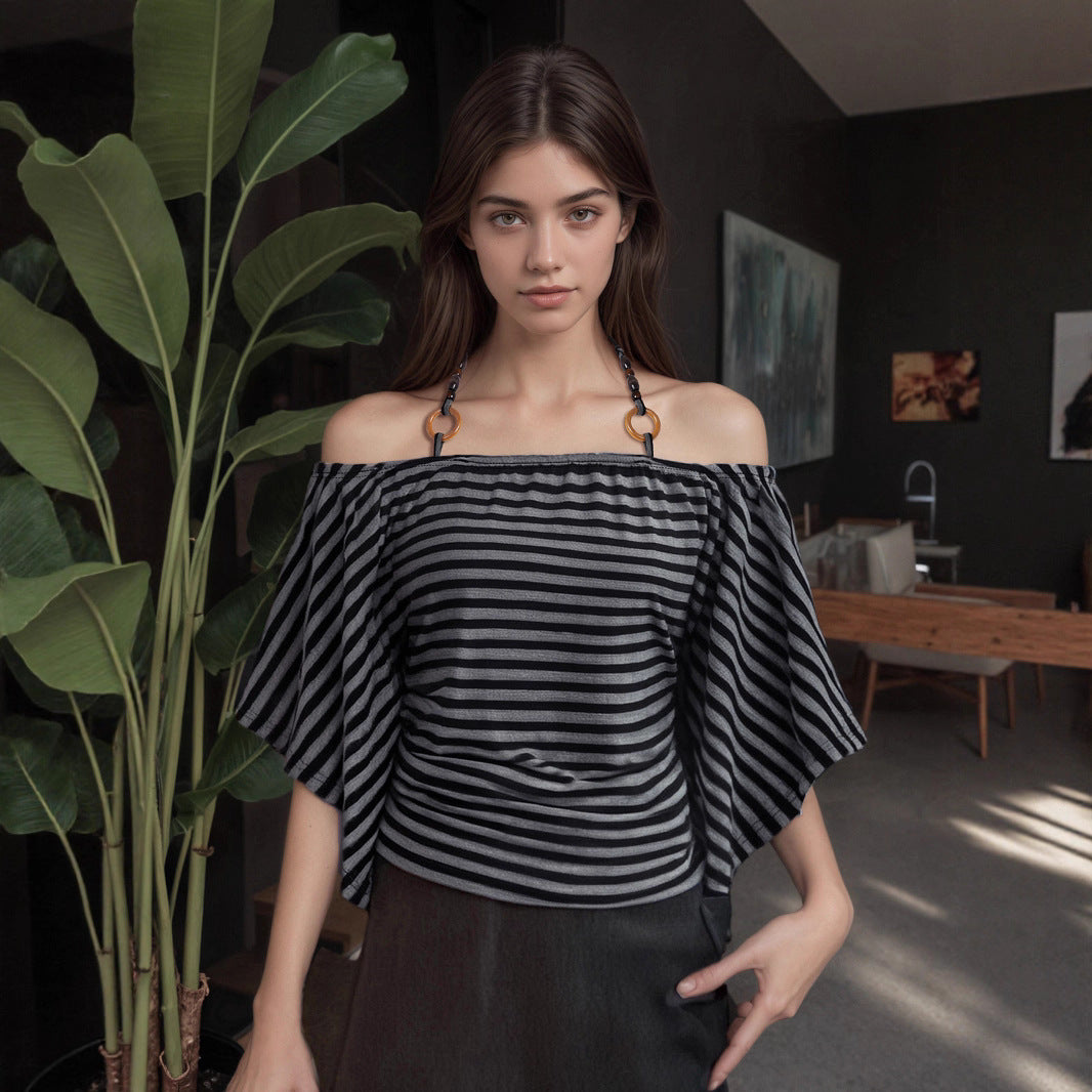 Retro Striped Off-Shoulder Top - Beaded Halter Neck Blouse| Crypto Payments
