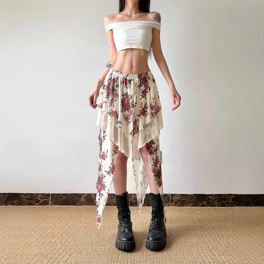 Y2K Mesh Midi Skirt - Vintage Floral Asymmetrical Design Crypto Payments