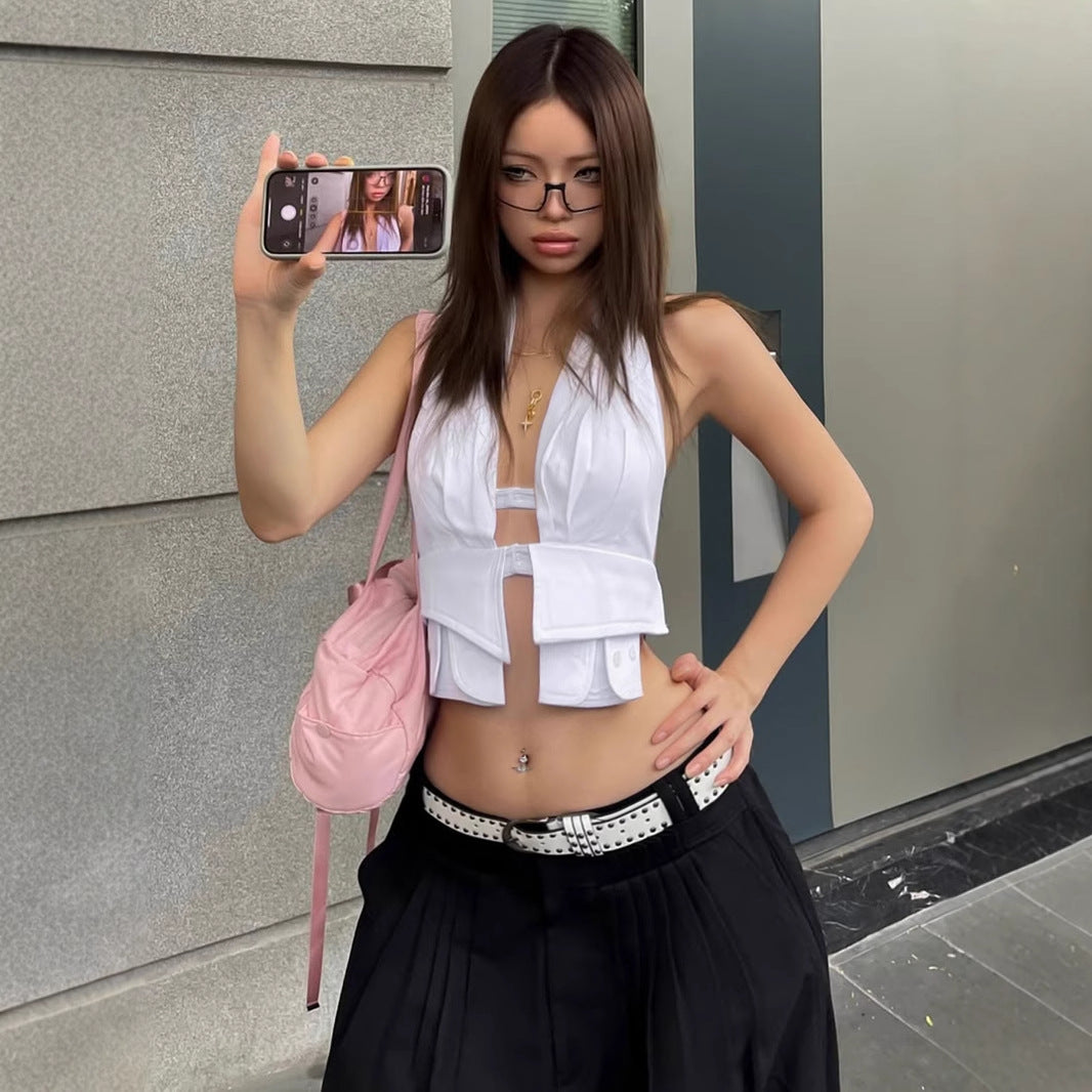Streetwear Cargo Set - Y2K Halter Tie-Up Top & Wide-Leg Pants | Free Shipping