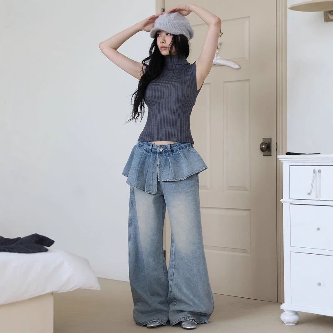 Y2K Fake Two-Piece Jeans - Wide-Leg Pleated Denim Pants | Free Shipping|Crypto Payments