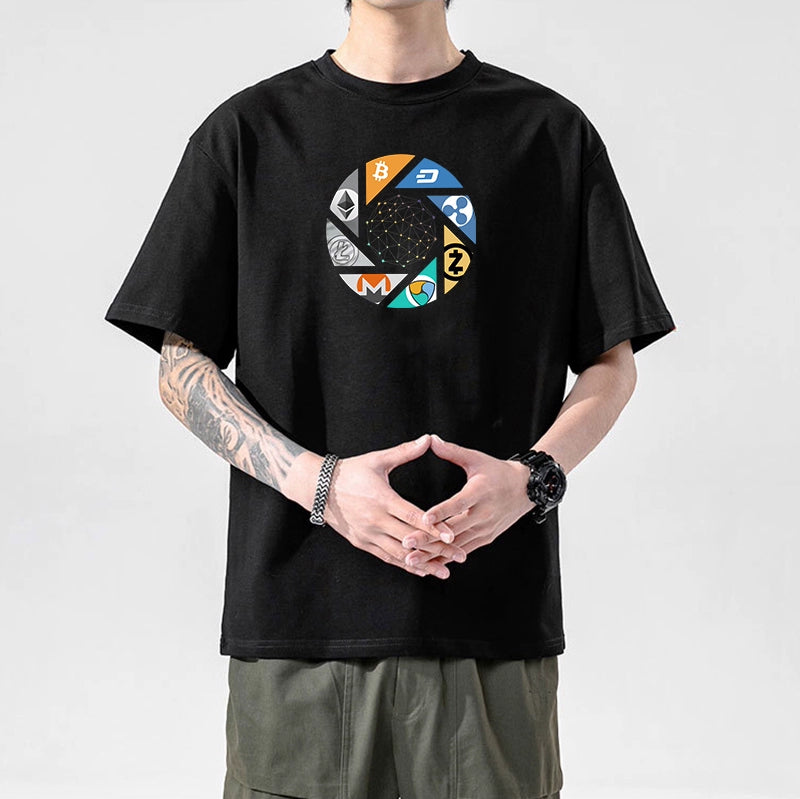 Men’s Crypto T-Shirt | 100% Cotton Blockchain Tee with Bitcoin, Ethereum, Dogecoin Prints | XS–2XL | Free Global Shipping