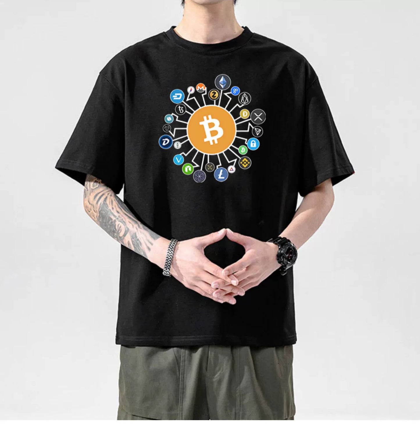 Men’s Crypto T-Shirt | 100% Cotton Blockchain Tee with Bitcoin, Ethereum, Dogecoin Prints | XS–2XL | Free Global Shipping