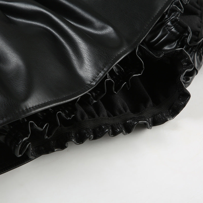 Leather-Panel Mini Skirt - Flirty Flounce Hem | Free Shipping|Crypto Payments