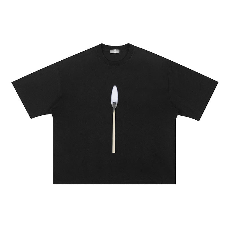 Matchstick Candle Graphic Tee - Vintage Foam Print Streetwear T-Shirt for Men