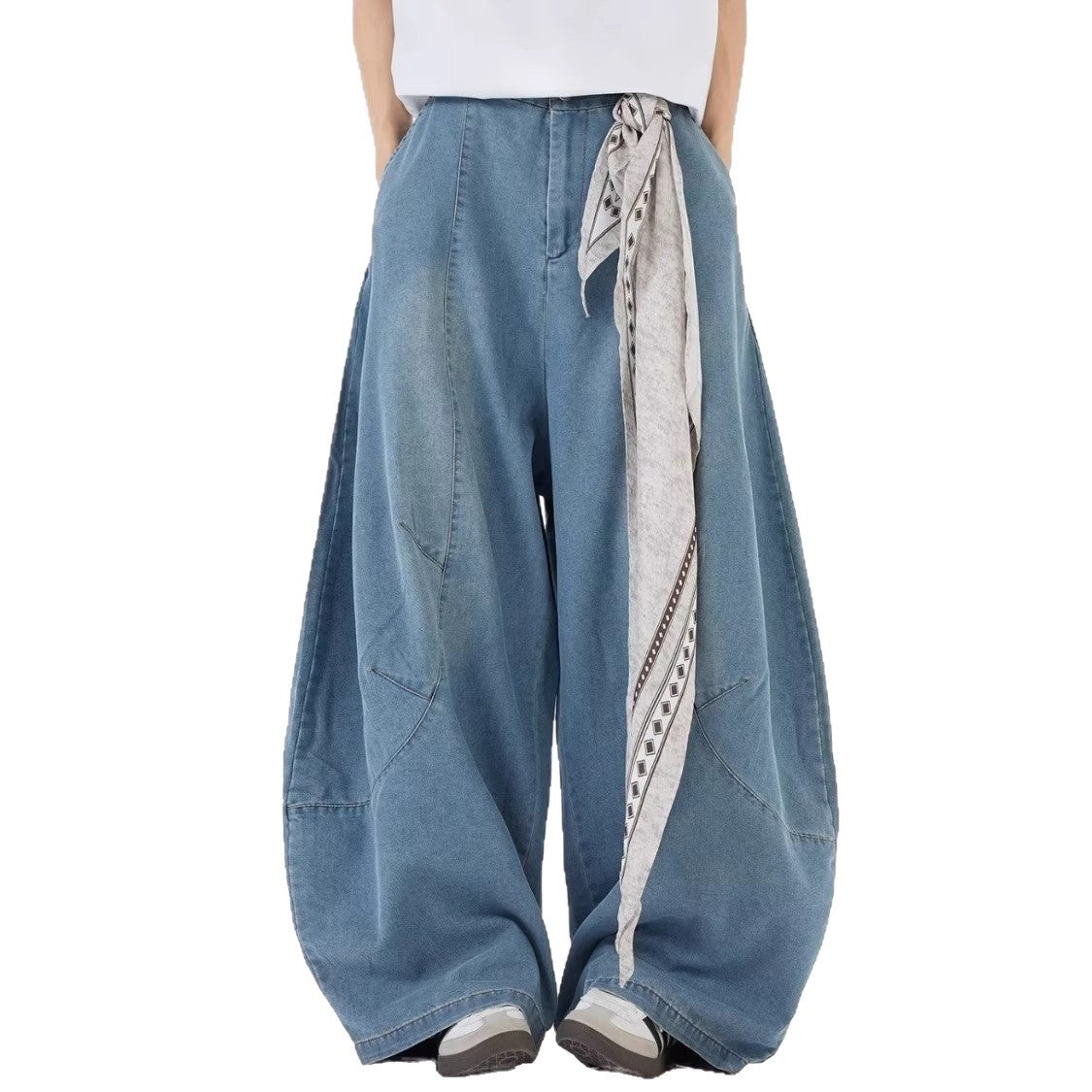 Deconstructed Bandana Wide-Leg Jeans – Unisex Summer Streetwear | Scimitar Cut | Free Shipping | Crypto Payments Accepted