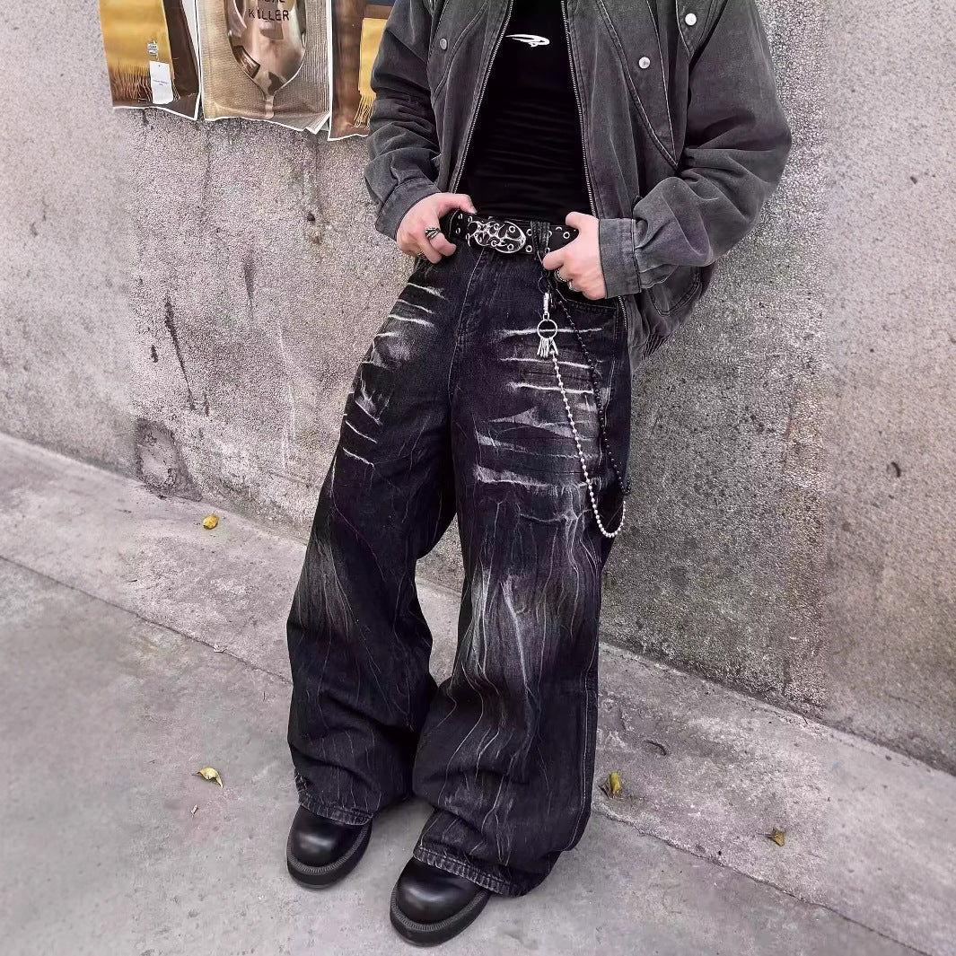 Retro Vibe Washed Black Lightning Jeans, Unisex High-Street Wide-Leg, Free Shipping, Crypto Pay
