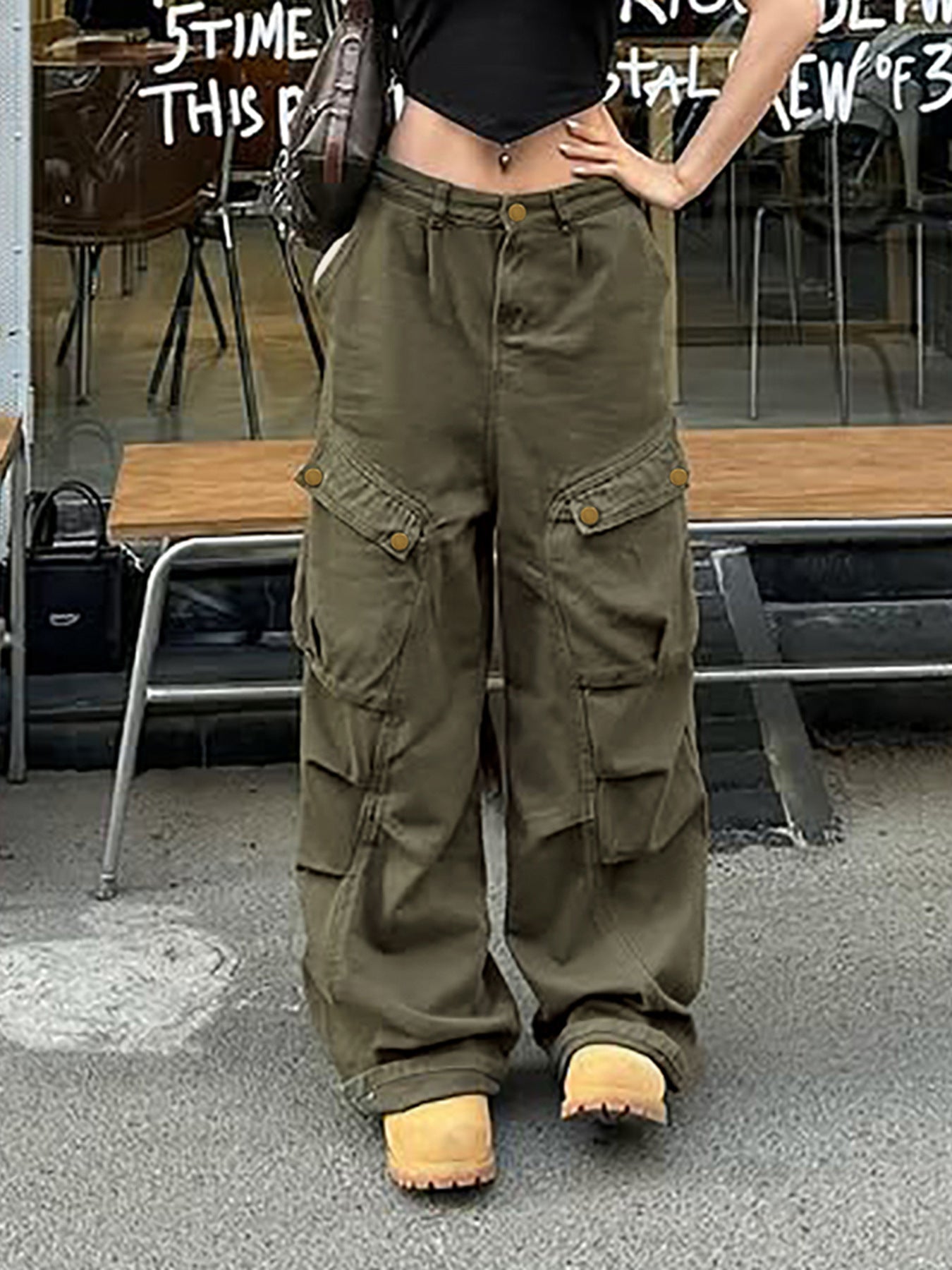 Street Style Pleated Cargo Pants - Women's Wide-Leg Utility Trousers | Free Shipping