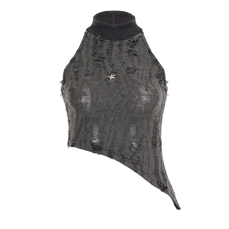 Cropped com gola alta e efeito desgastado - Camisa feminina com barriga rasgada e estampa grunge streetwear 2025 | Frete grátis