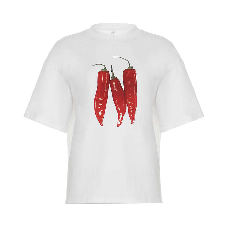 Edgy Graphic Chili T-Shirt - Street Style Loose Fit Top for Women | Free Shipping|Crypto Payments