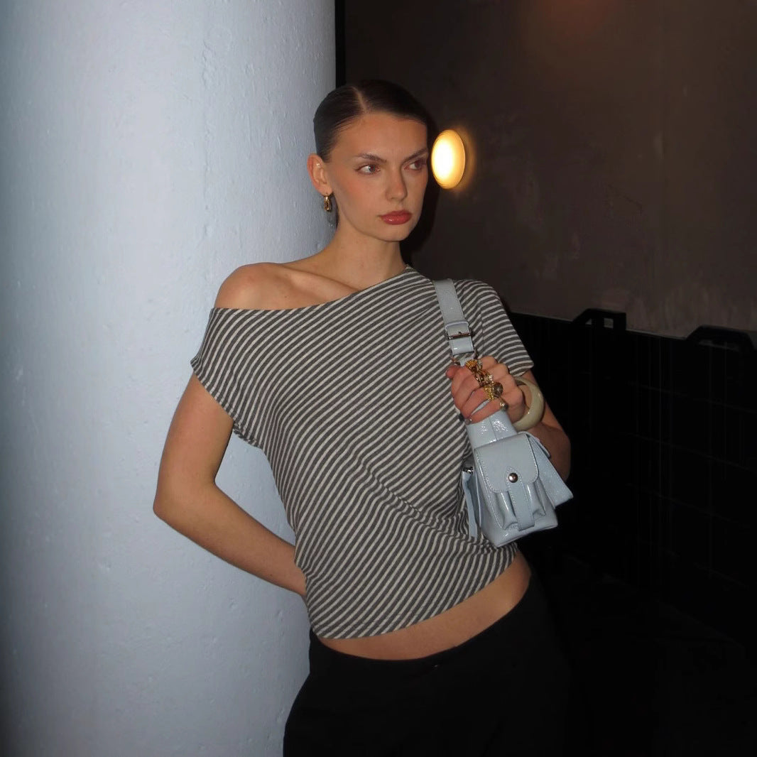 Y2K Striped Top - Sexy Off-Shoulder Asymmetric Design |Free Shipping|Crypto Payments