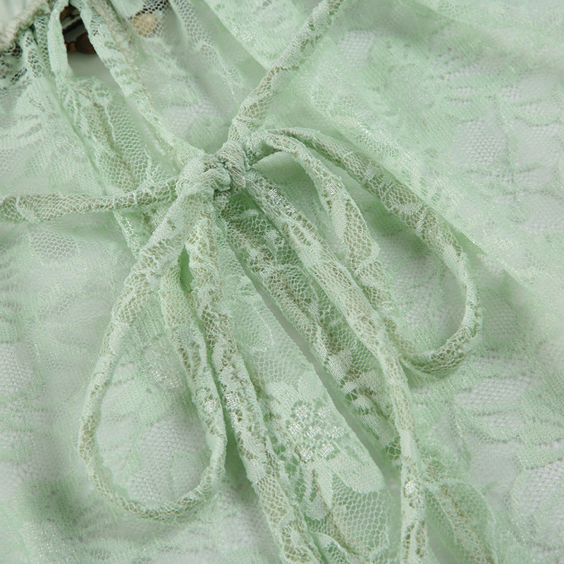 Beaded Lace Blouse - Mint Green Tie-Front Top | Free Shipping |Crypto Payments