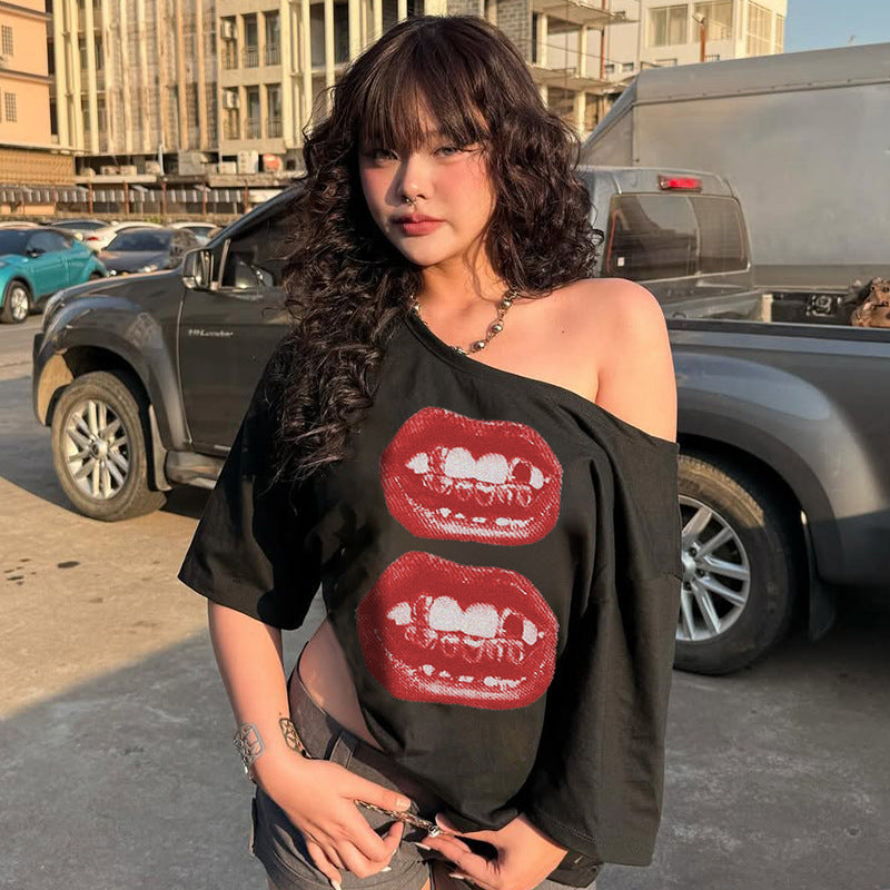 Lips Print Street Tee - Off-Shoulder Oversized Shirt | Free Shipping|Crypto Payments