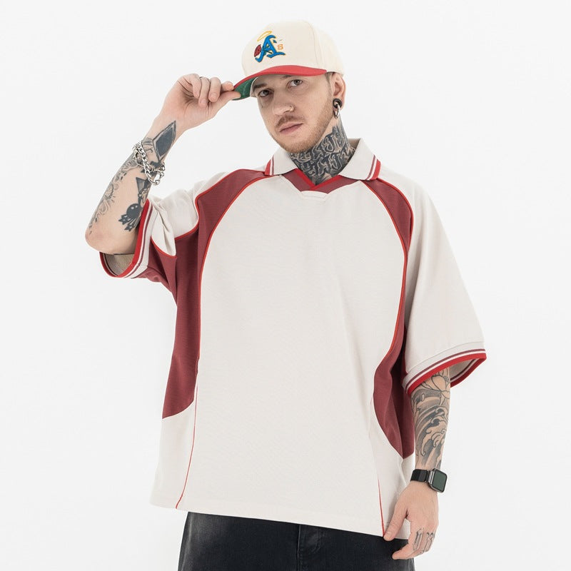 High-Street Raglan T-Shirt | Color Block Polo Style | Loose Fit | Black Apricot | Free Global Shipping | Crypto Accepted