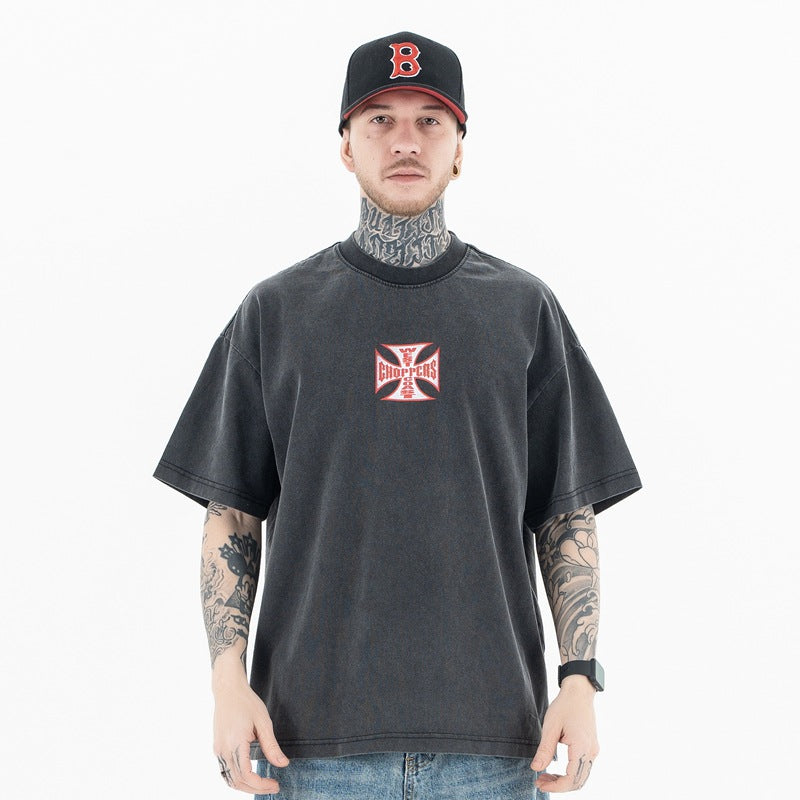 Vintage Flame Letter T-Shirt | Washed Black Hip-Hop Tee | Oversized Fit | Free Global Shipping | Crypto Accepted