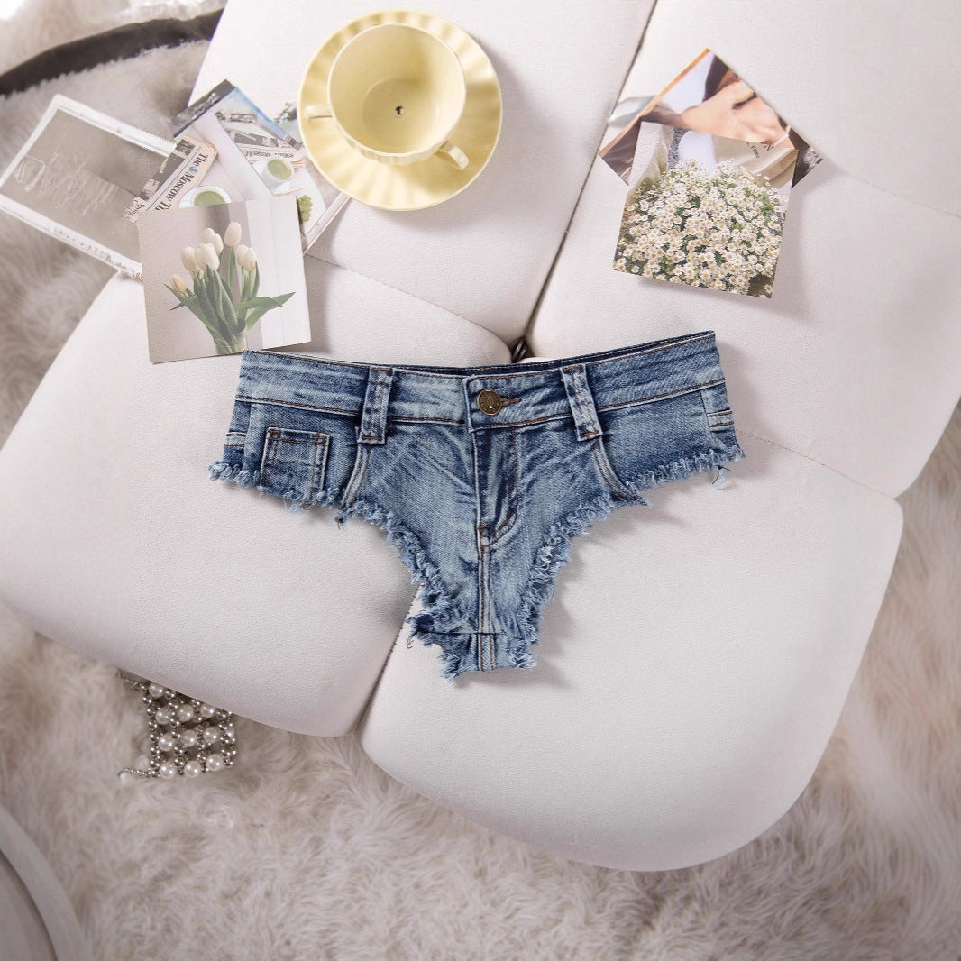 Vintage Wash Cheeky Shorts - American Style Ultra-Low Rise Denim Hot Pants