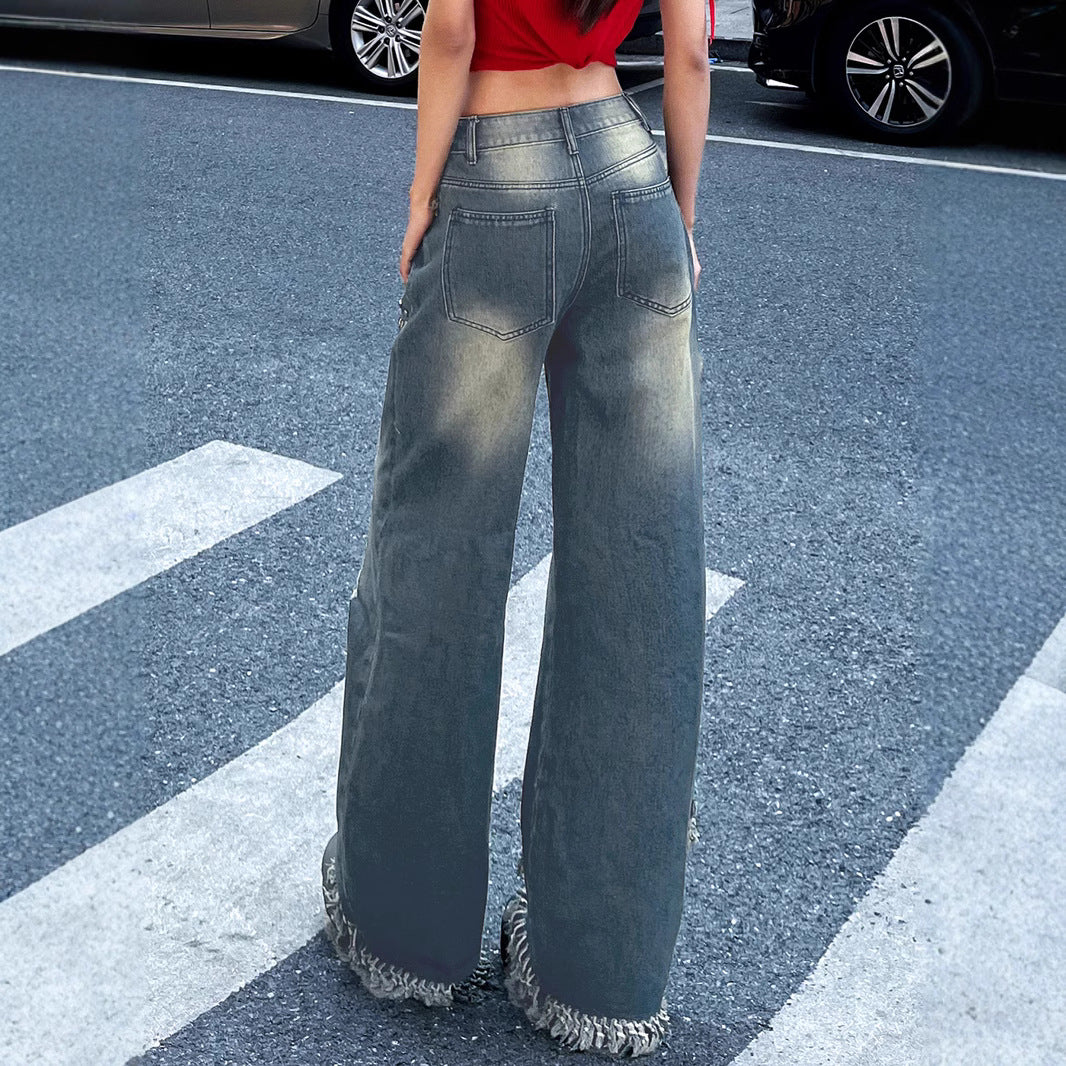 Distressed Flare Jeans - Star Studded Wide-Leg Pants |Crypto Payments
