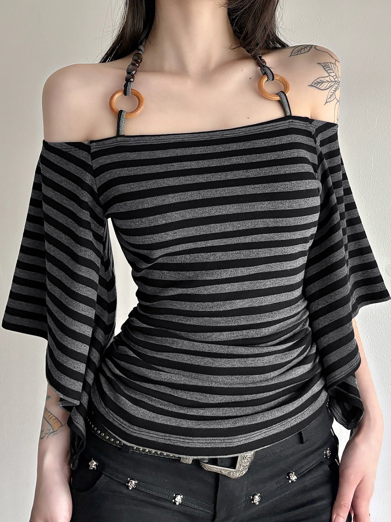Retro Striped Off-Shoulder Top - Beaded Halter Neck Blouse| Crypto Payments