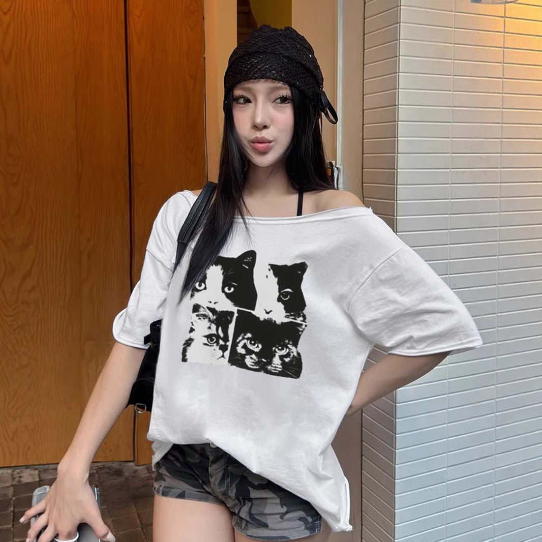 Y2K Cat T-Shirt - Wide Neck Casual Top |Free Shipping |Crypto Payments