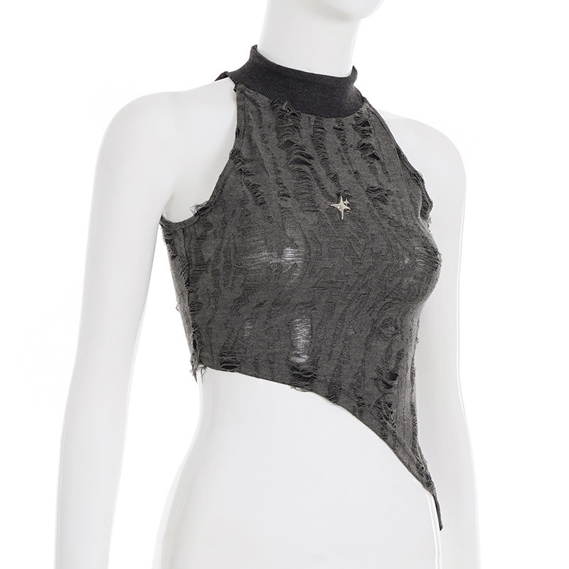 Cropped com gola alta e efeito desgastado - Camisa feminina com barriga rasgada e estampa grunge streetwear 2025 | Frete grátis