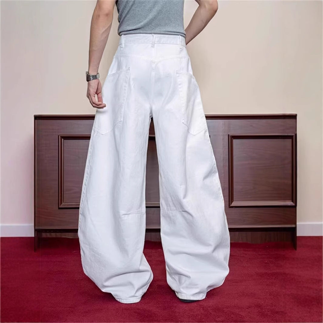 White Retro Scimitar Jeans for Men – Wide-Leg Streetwear Pants with Big Pockets | Free Shipping | Crypto Accepted