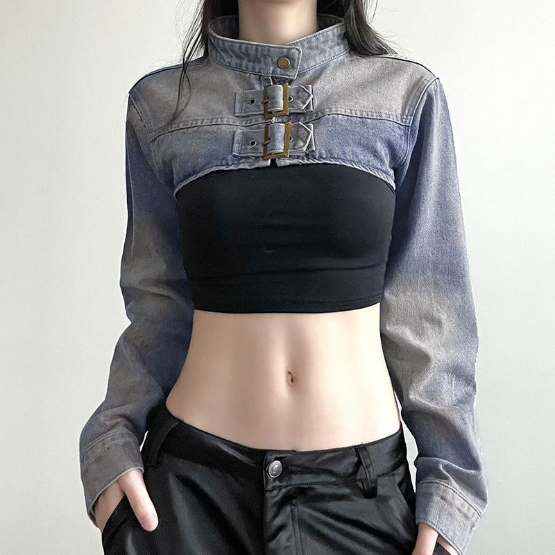 Streetwear Cropped Denim Vest - Distressed Stand Collar Outerwear| Free Shipping|Crypto Payments