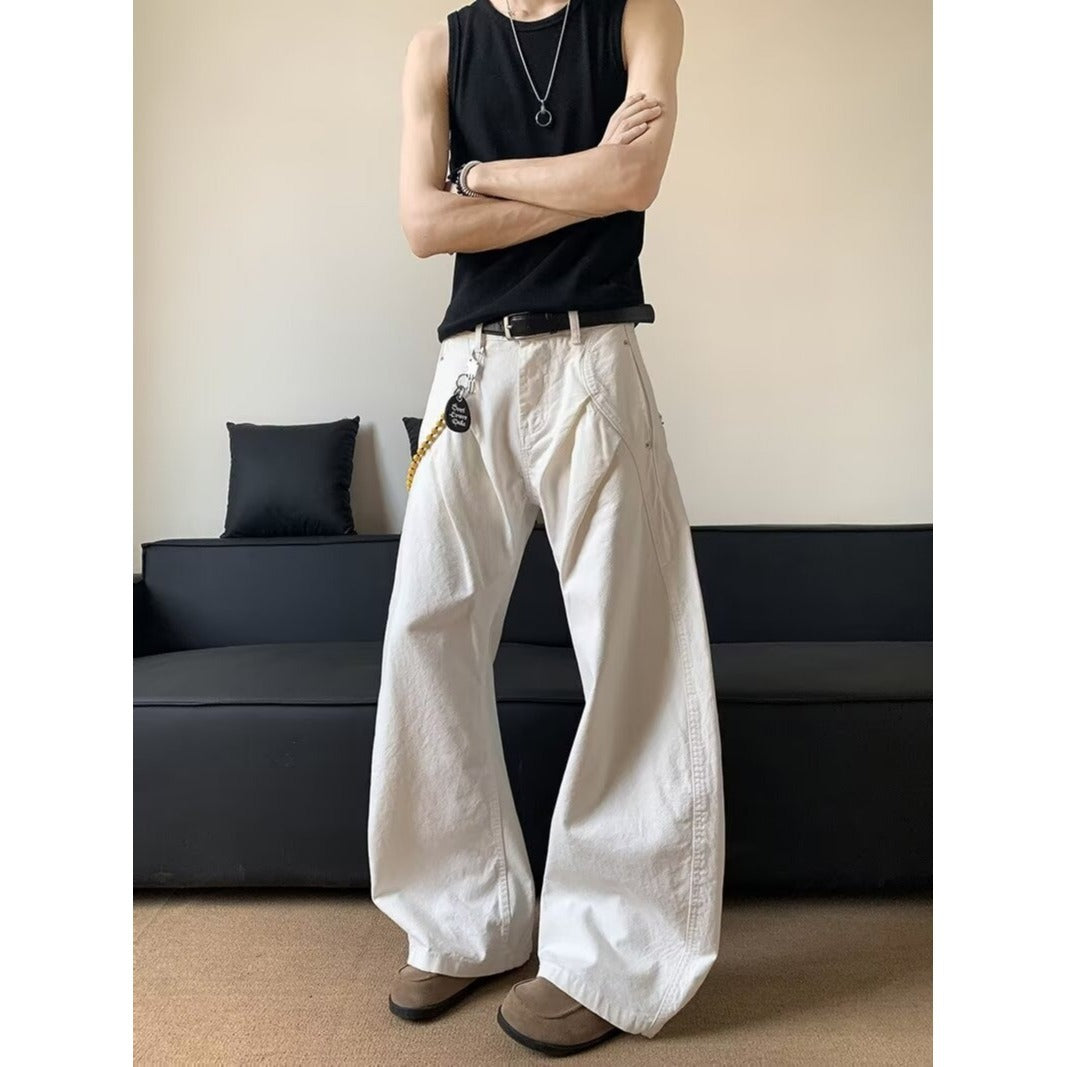 Wrinkled White Wide-Leg Jeans – Men’s Loose Draped Straight Pants | Summer Lazy Style | Free Shipping | Crypto Accepted