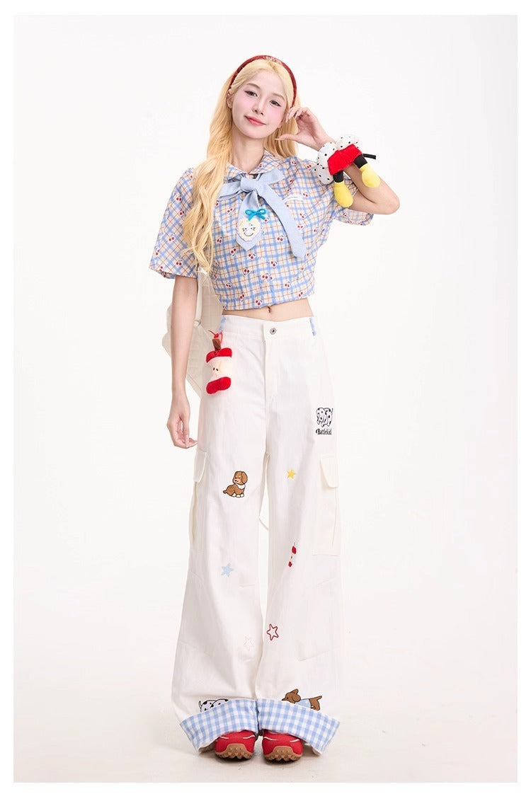 Dog Embroidery Wide-Leg Cargo Jeans – Women’s Vintage Streetwear | Loose Slimming Fit | Free Shipping | Crypto Accepted