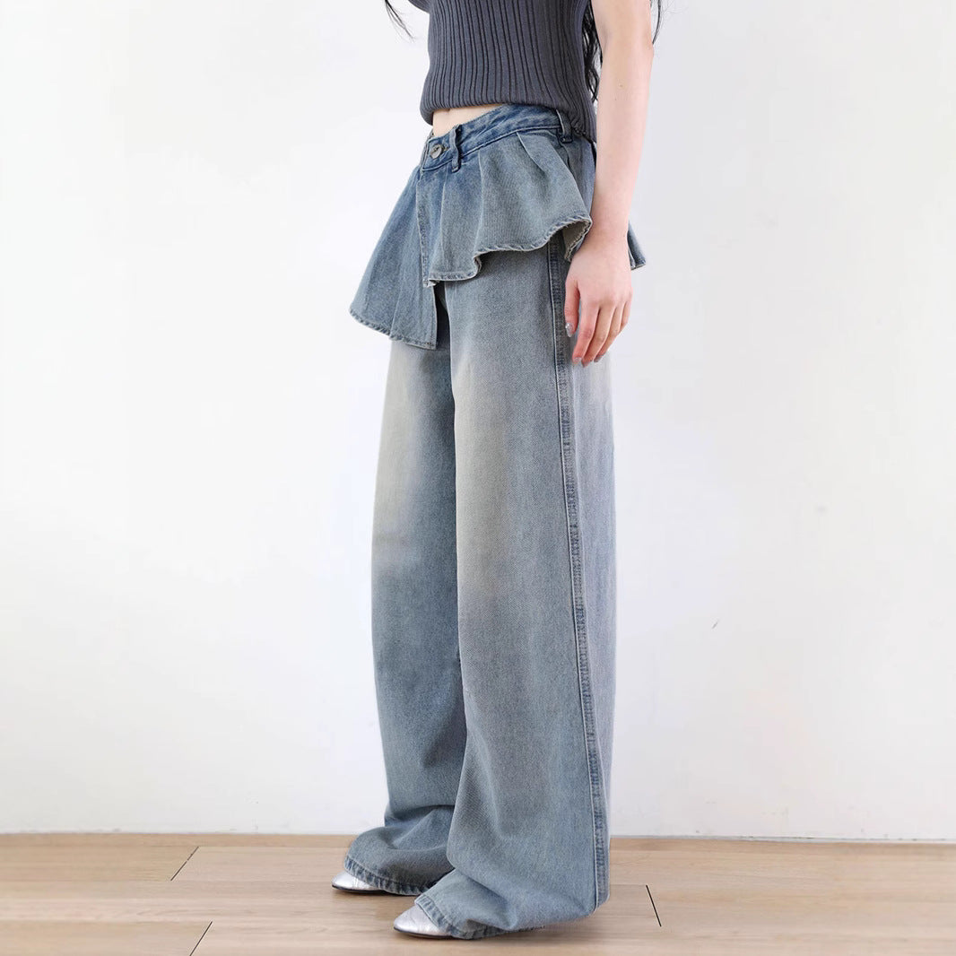 Y2K Fake Two-Piece Jeans - Wide-Leg Pleated Denim Pants | Free Shipping|Crypto Payments