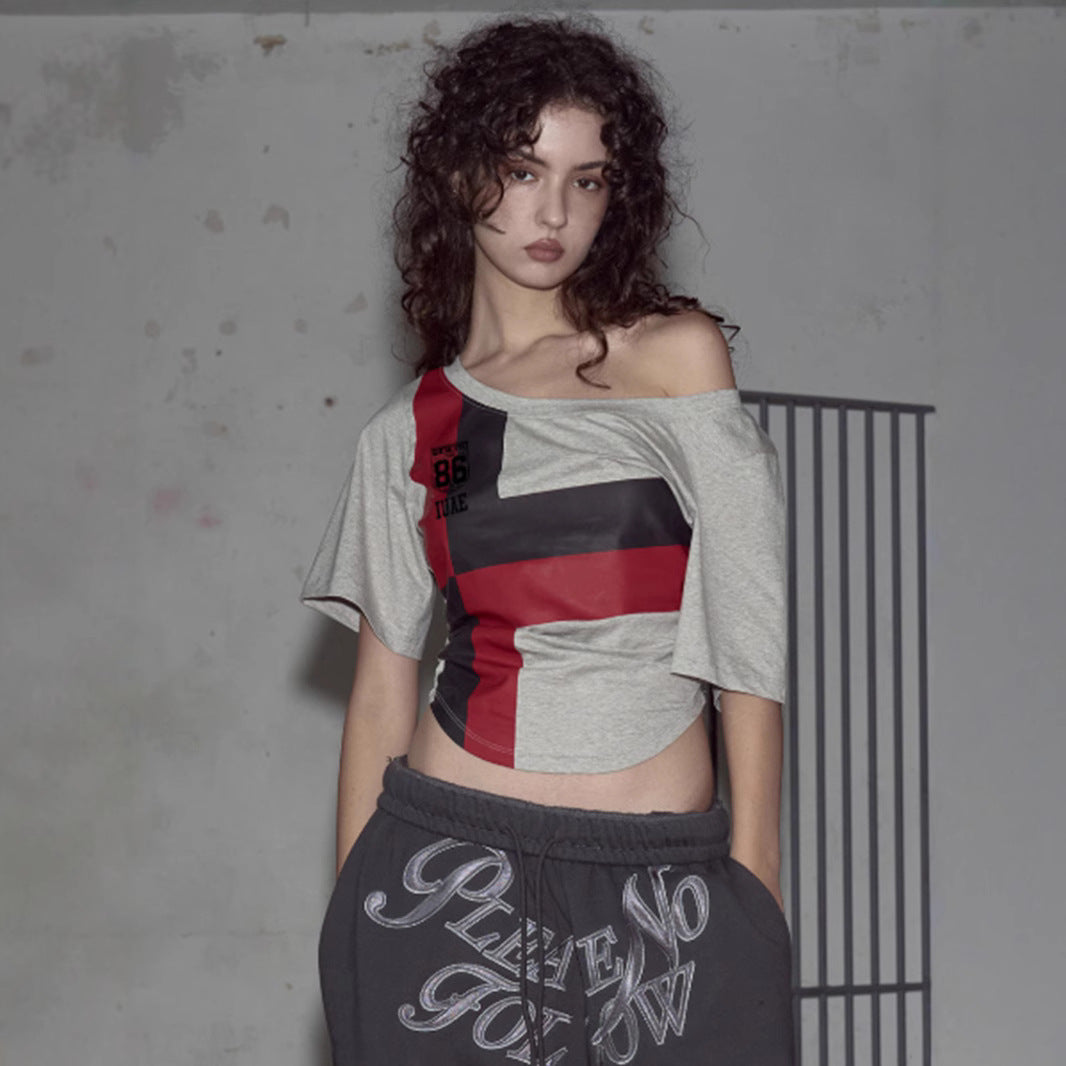 Color-Block Off-Shoulder Tee - Geometric Streetwear Top |Free Shipping|Crypto Payments