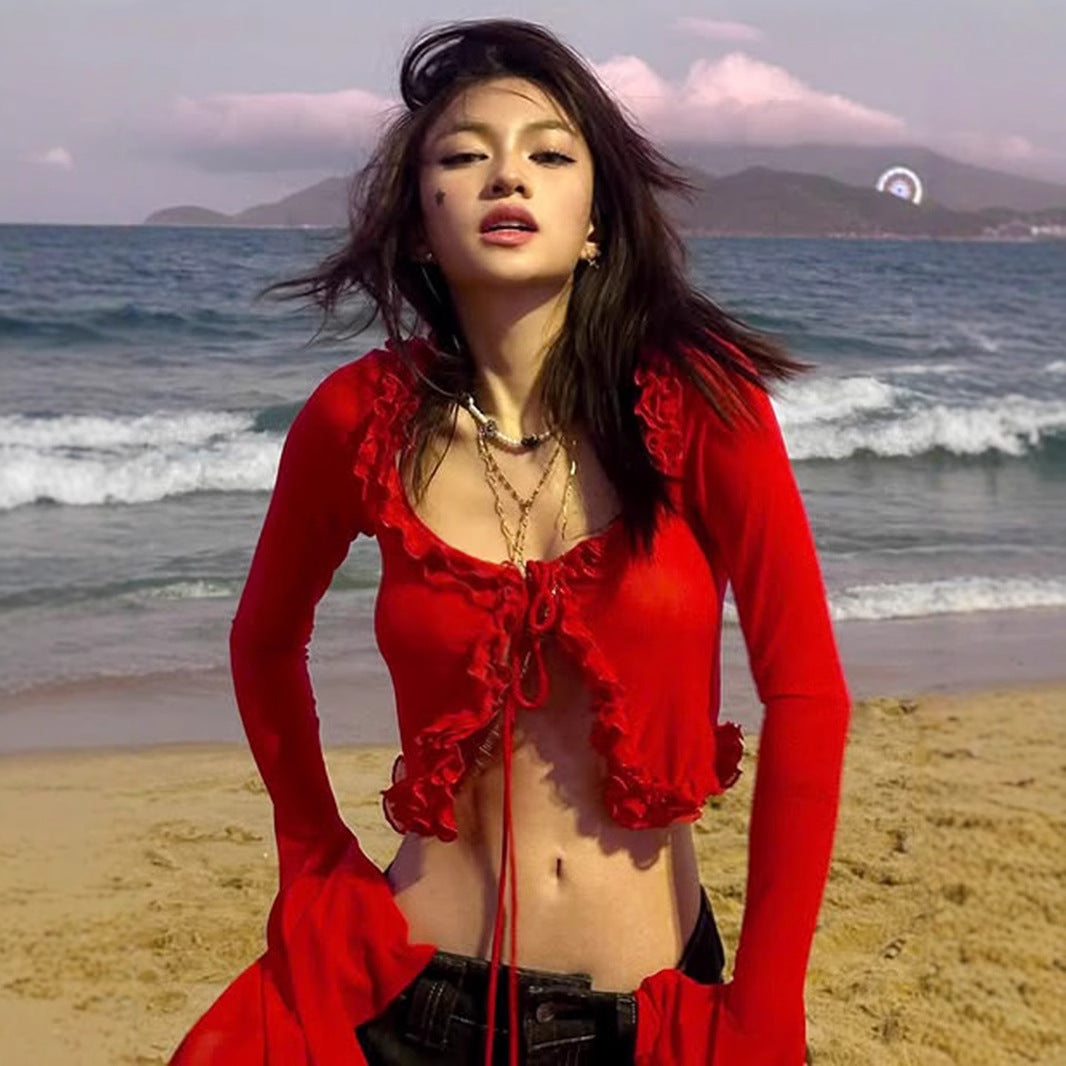 Sexy Mesh Crop Top - Ruffle Bell Sleeve Blouse | Free Shipping|Crypto Payments