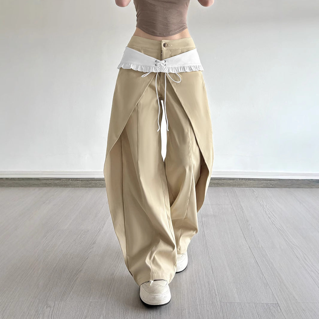 Designer Double Waist Pants - Women's Curved Hem Wide-Leg Trousers | Free Shipping