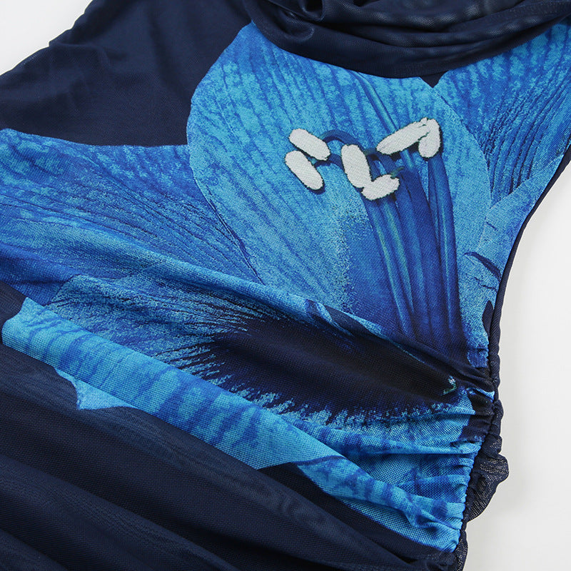 Blue Floral Mesh Dress - Sexy Off-Shoulder Bodycon Dress | Free Shipping| Crypto Payments