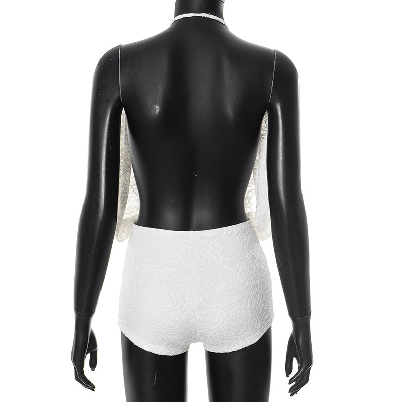 Sexy Lace Jumpsuit - Women's Backless Short Romper with Ties | Crypto Accepted