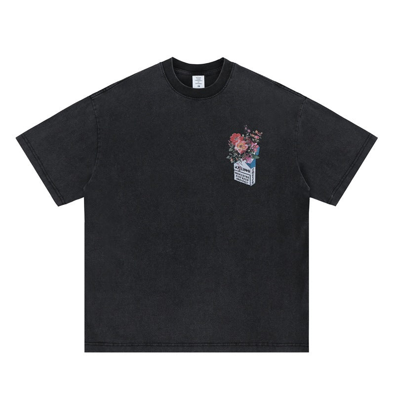 Vintage Floral Letter Graphic Tee - Distressed Oversized Streetwear T-Shirt
