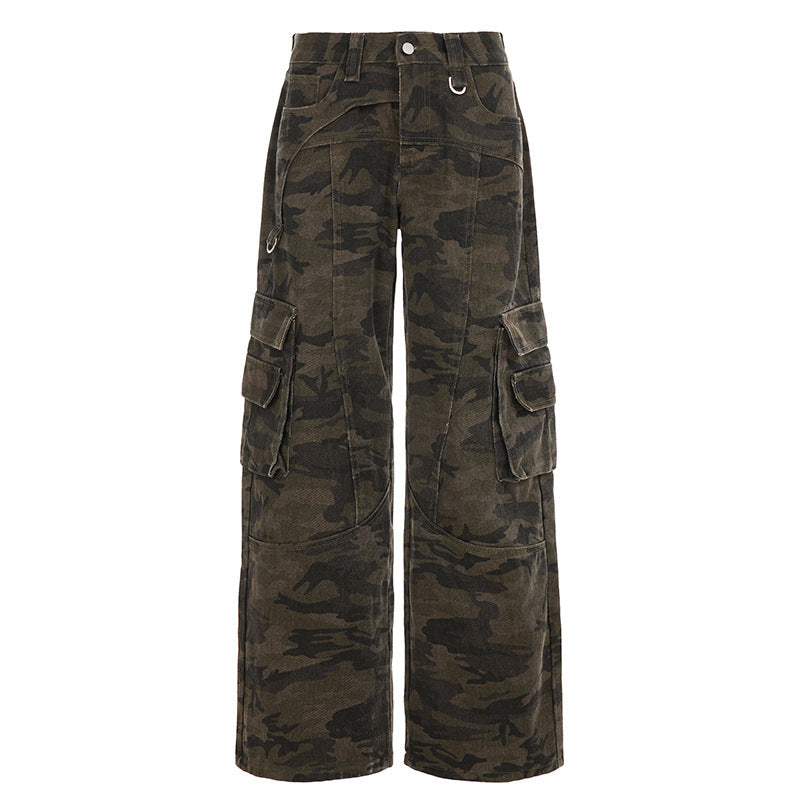 Retro Camo Cargo Pants - Women's Low-Rise Streetwear Trousers | Free Shipping