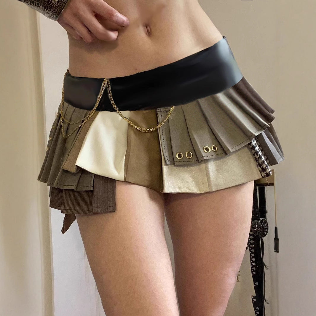 Leather-Panel Pleated Skirt - Edgy Asymmetrical Biker Mini | Crypto Payments