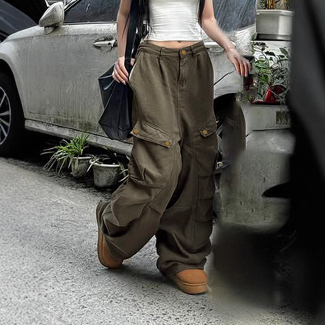 Street Style Pleated Cargo Pants - Women's Wide-Leg Utility Trousers | Free Shipping