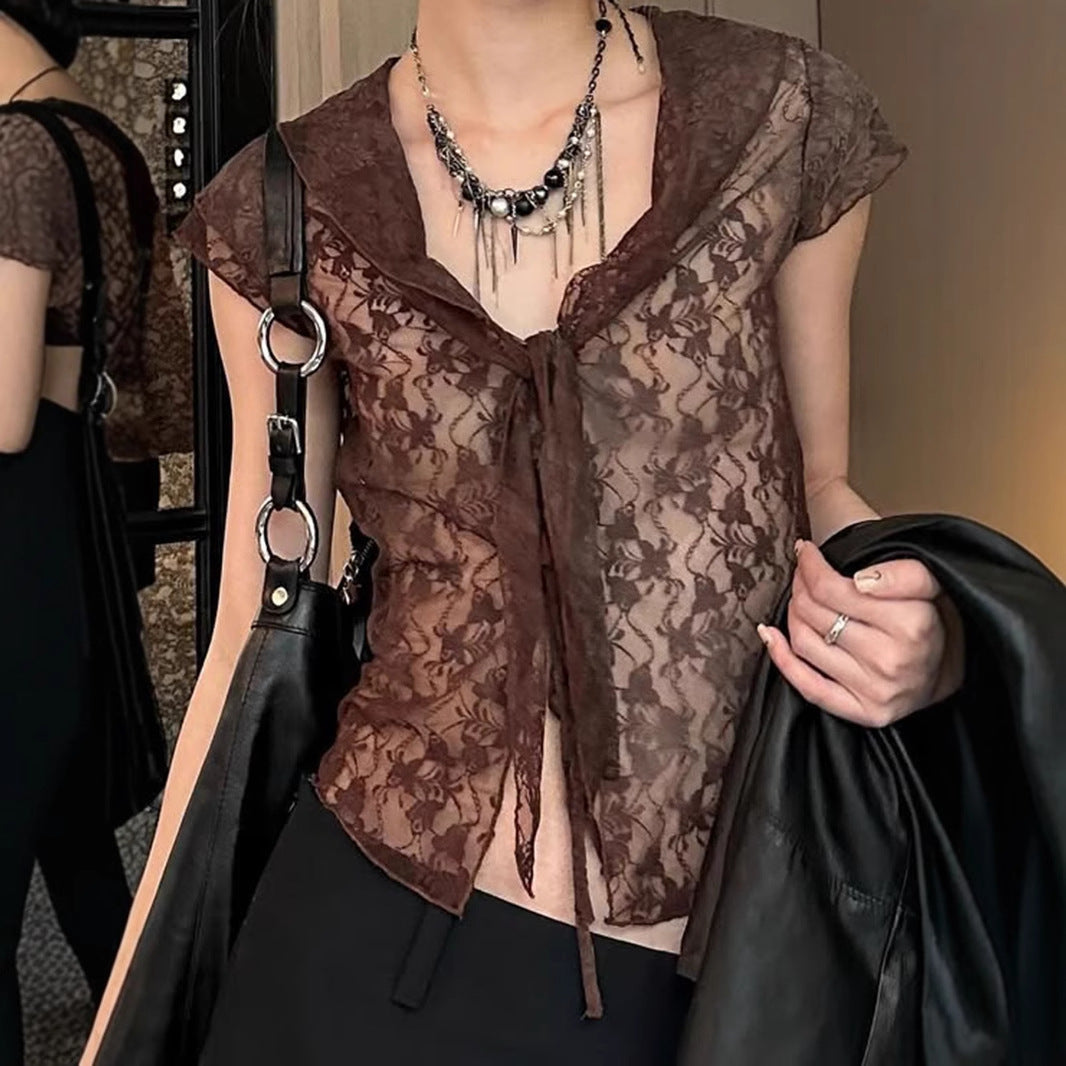 Lace Collar Mesh Top - Sweet & Sexy Tie-Front Crop Tee | Free Shipping| Crypto Payments