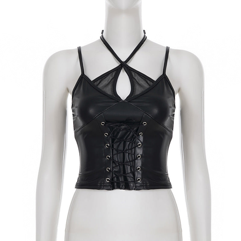 Punk Leather & Lace Halter Top - Edgy Corset Bustier Cropped Top | Free Shipping