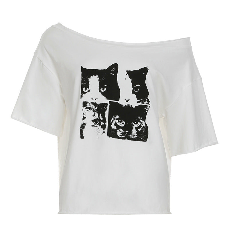 Y2K Cat T-Shirt - Wide Neck Casual Top |Free Shipping |Crypto Payments