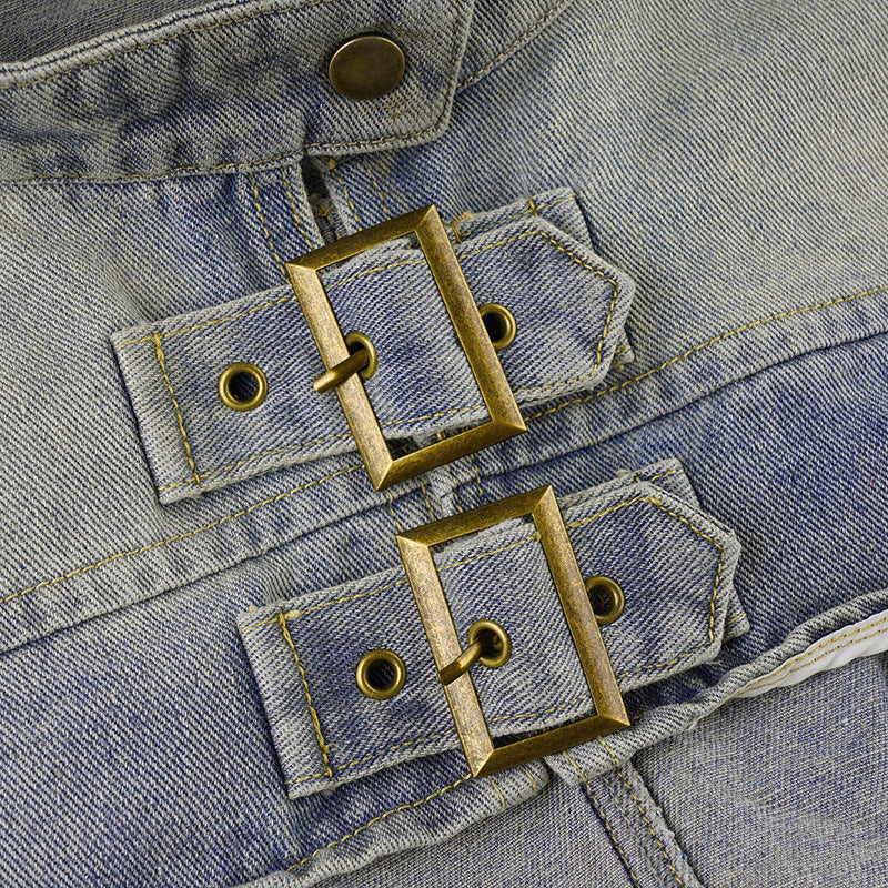 Streetwear Cropped Denim Vest - Distressed Stand Collar Outerwear| Free Shipping|Crypto Payments