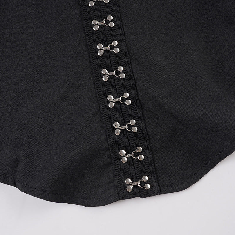 Blusa gótica ombro a ombro - Camisa com manga sino e botões e amarração na cintura | Frete grátis
