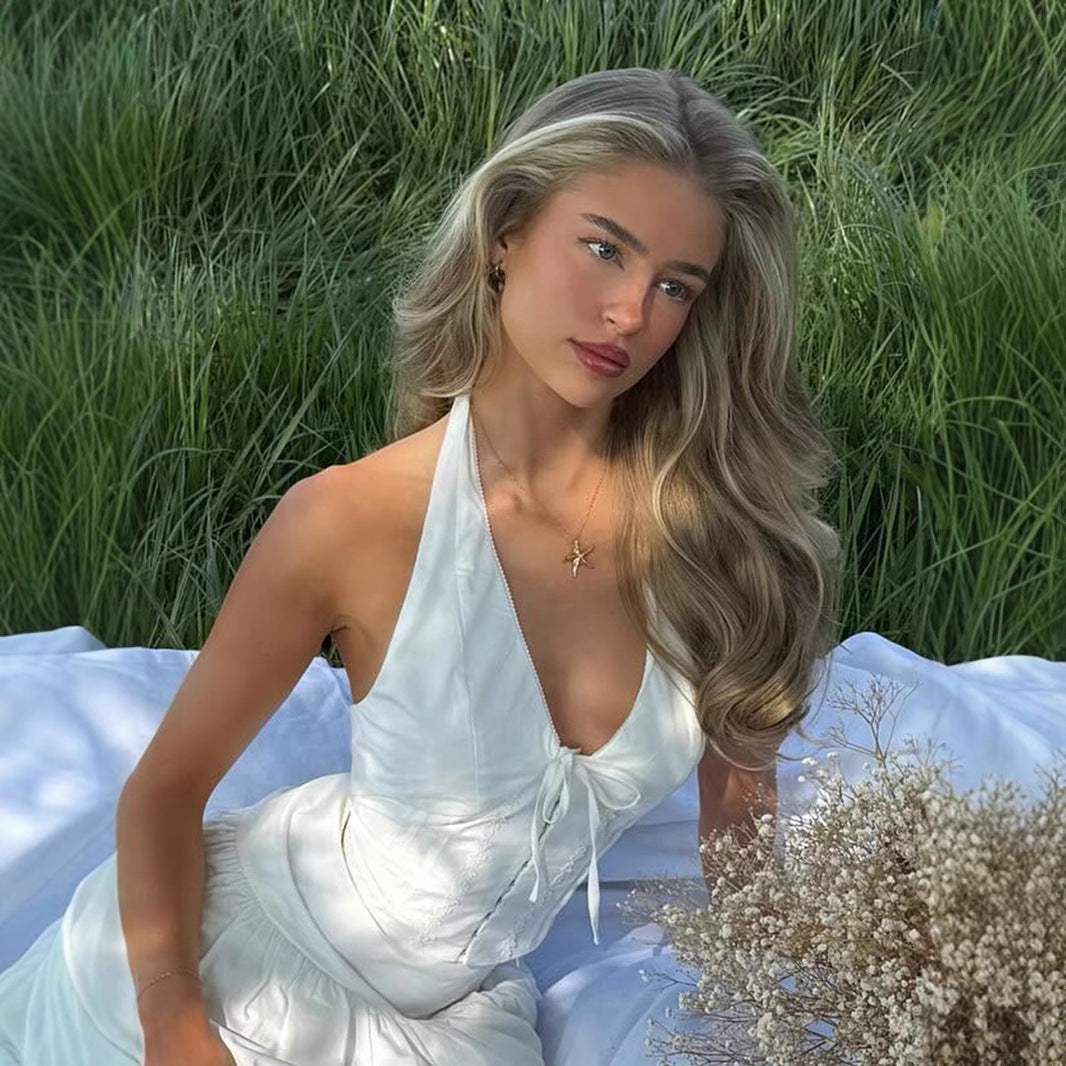 Pure Aesthetic Halter Top - V-Neck Tie-Waist Crop Tee | Free Shipping| Crypto Payments
