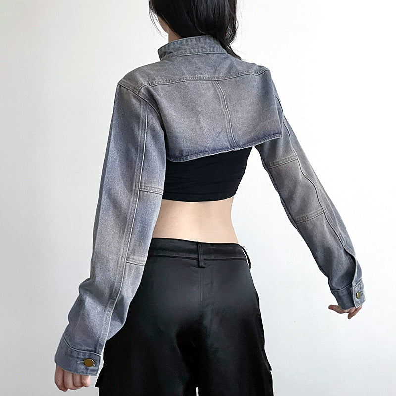 Streetwear Cropped Denim Vest - Distressed Stand Collar Outerwear| Free Shipping|Crypto Payments